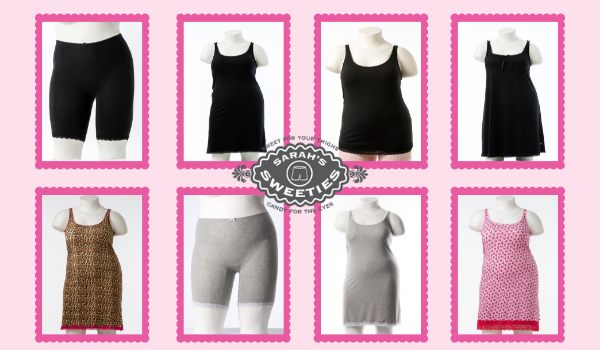 collage van de zwarte Sweetie, jurkie, A-lijn jurkie en Hempie op de bovenste rij. Op de rij eronder, luipaard print jurkje, grijs m�lee Sweetie en jurkje en Very Cherry print jurkje